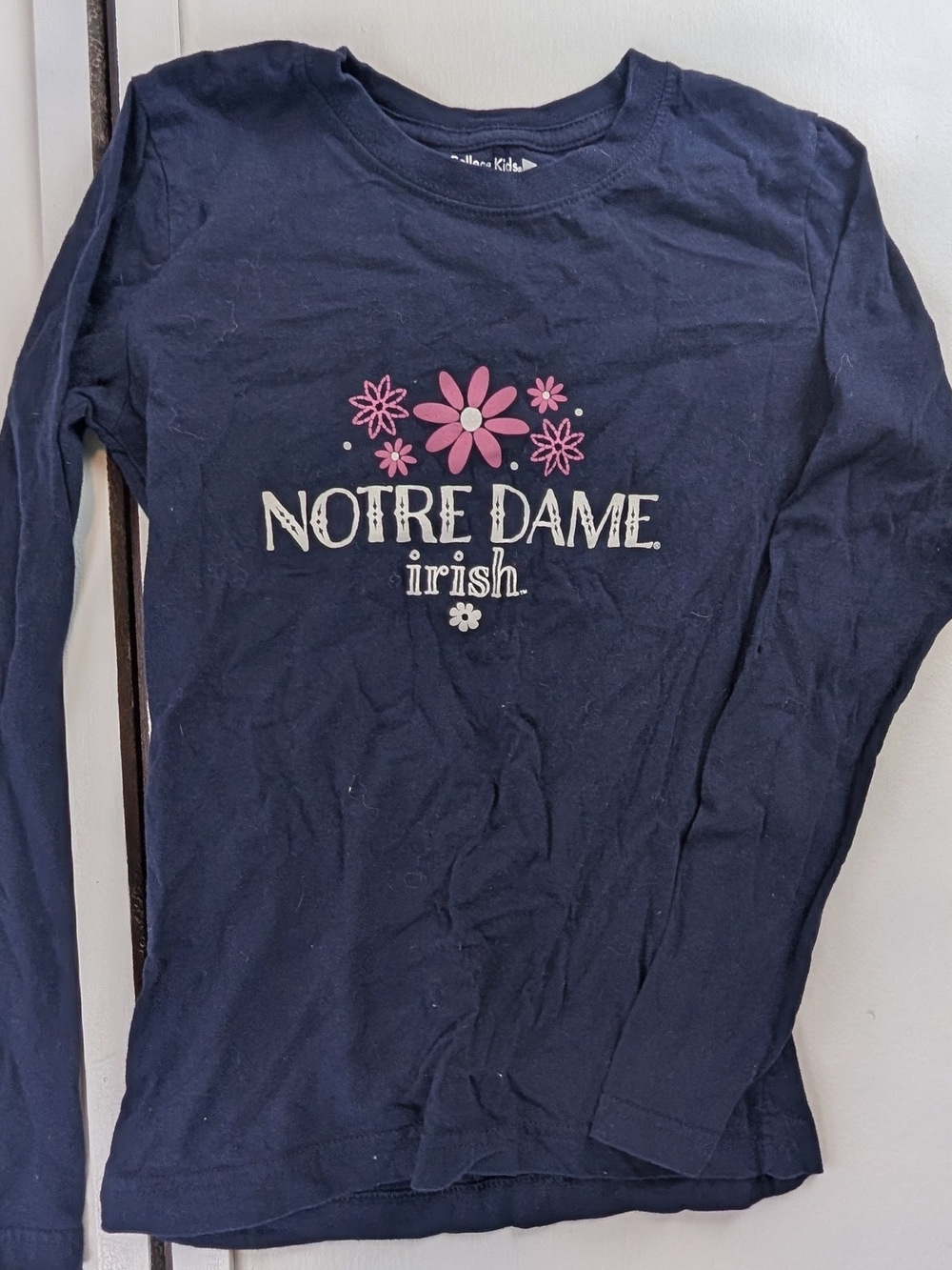 Kids Notre Dame Navy Long-Sleeve Graphic Tee with Pink Flowers